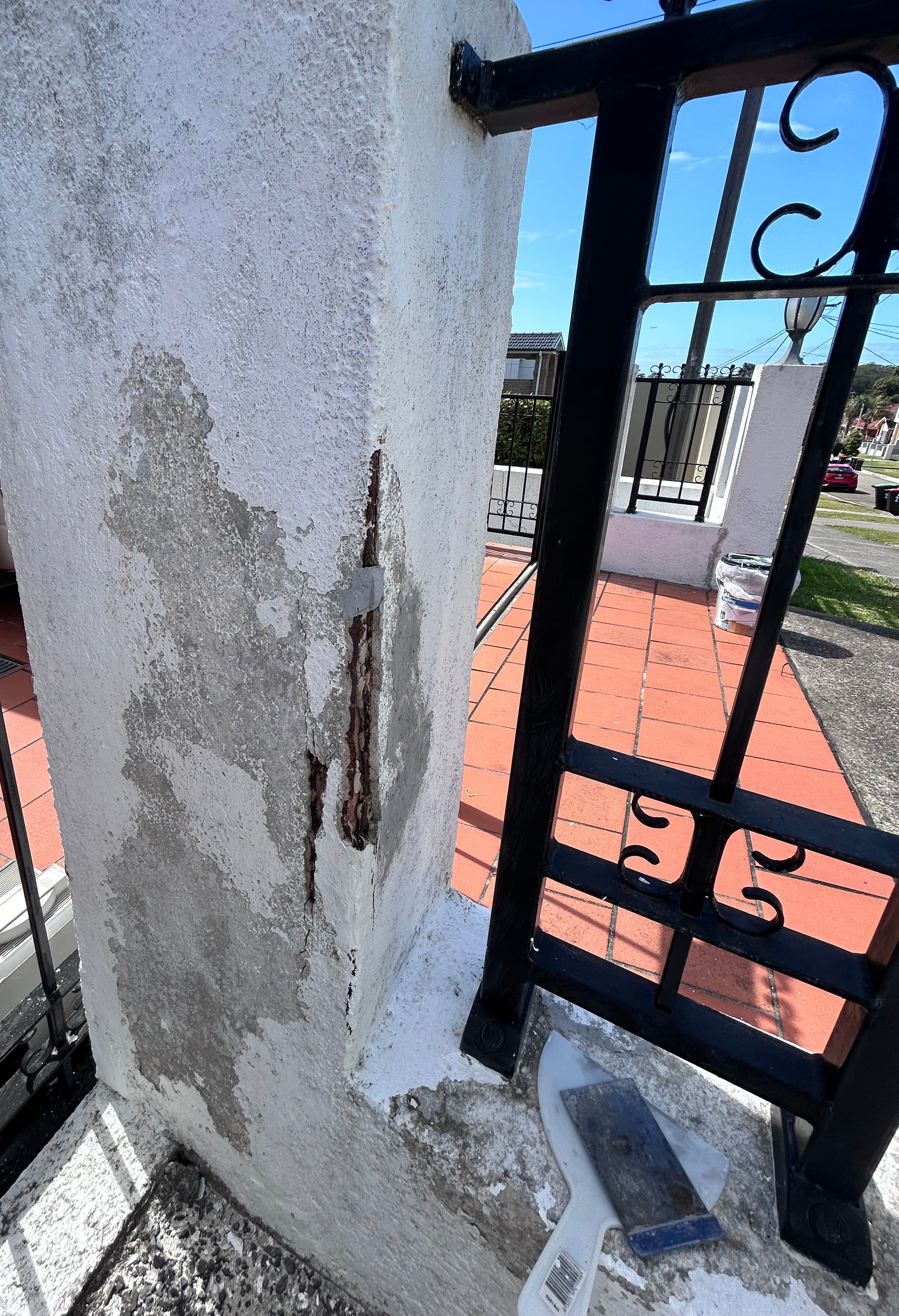 Blakehurst front concrete fence gate pillar before exterior repainting