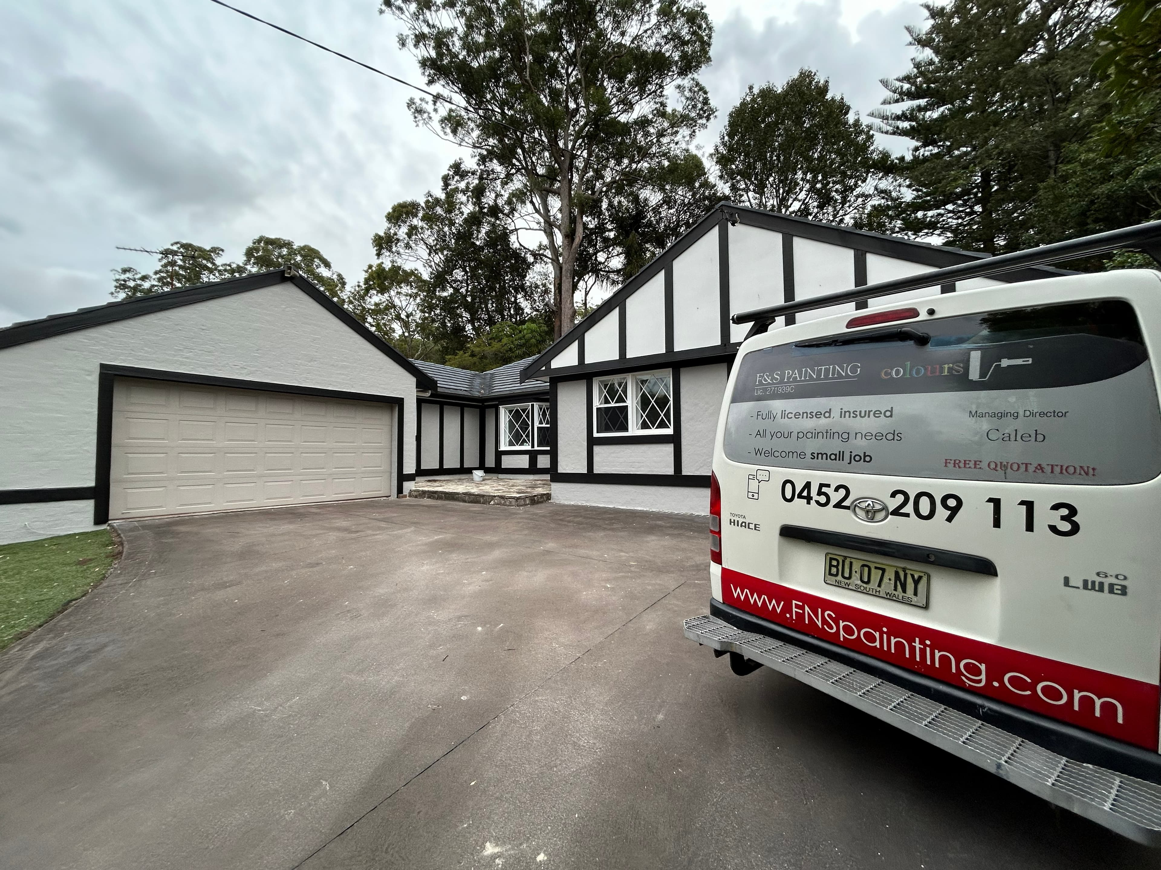 Carlingford driveway facade after repainting with F&S Painting van
