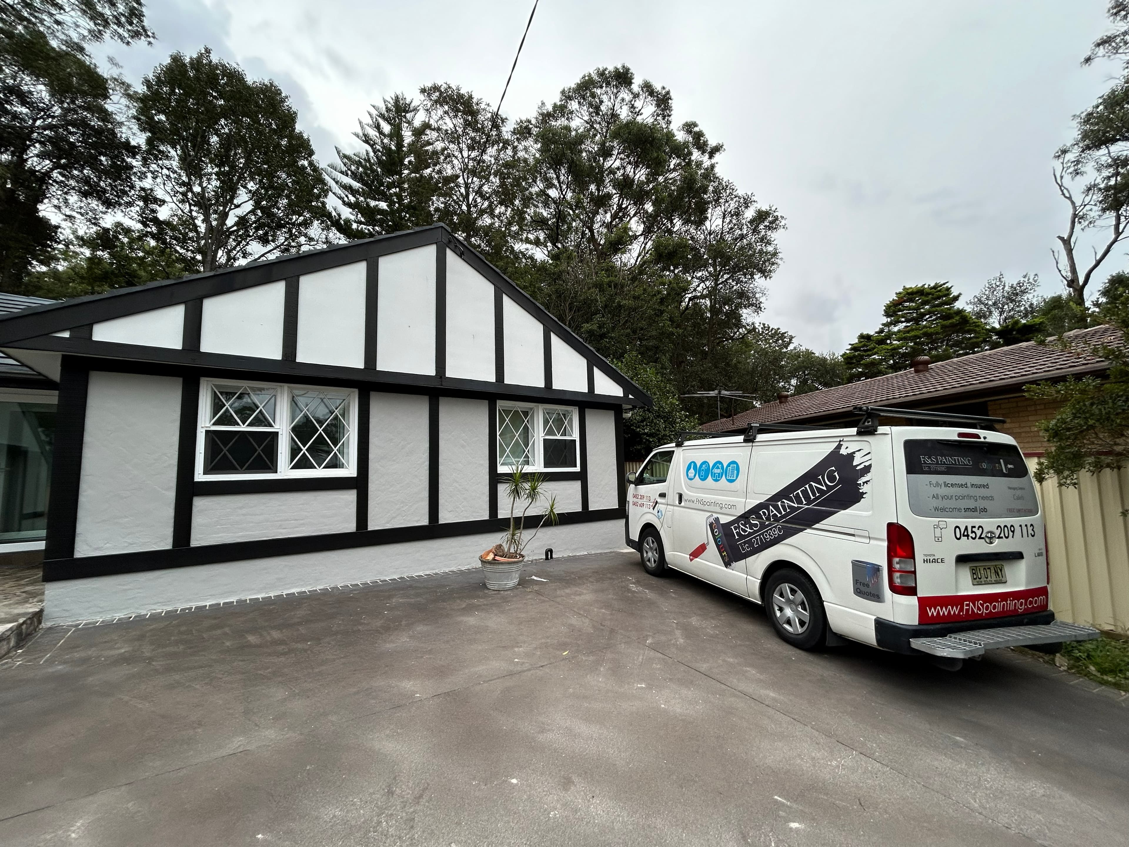 Carlingford driveway and front facade after exterior painting with F&S Painting van