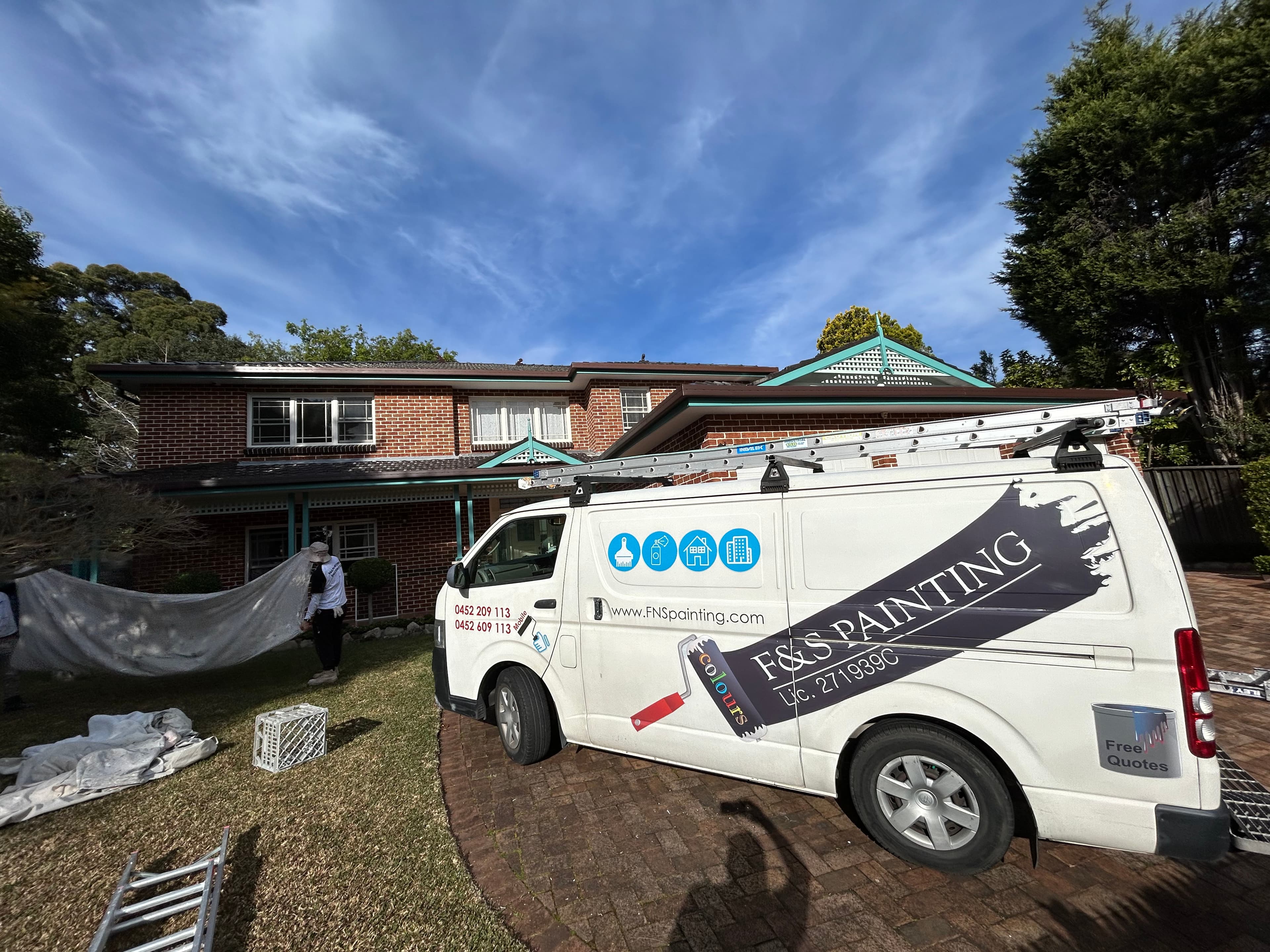 Chatswood house exterior during preparation with F&S Painting van on site