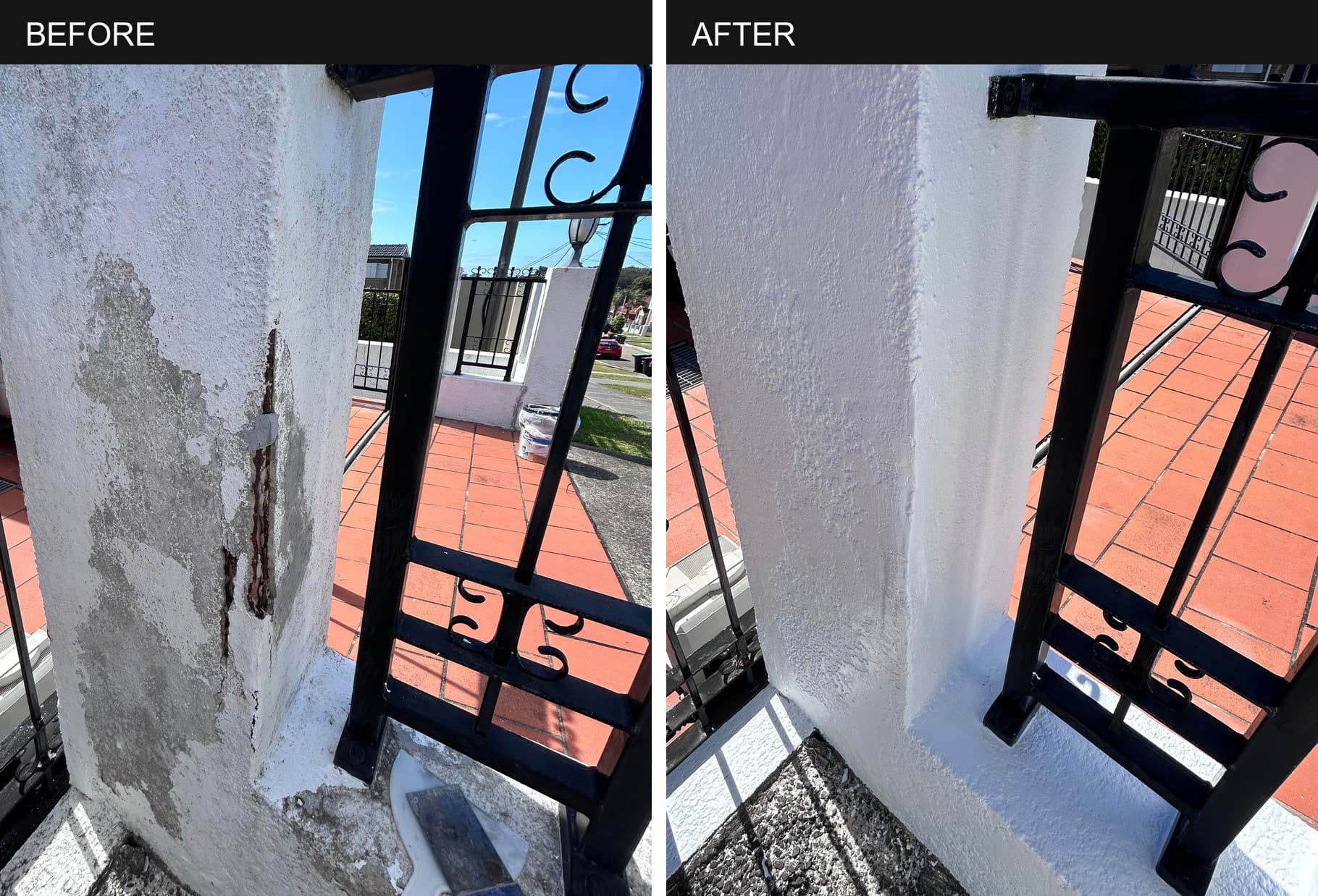 Matching views of the Blakehurst gate pillar before and after repainting