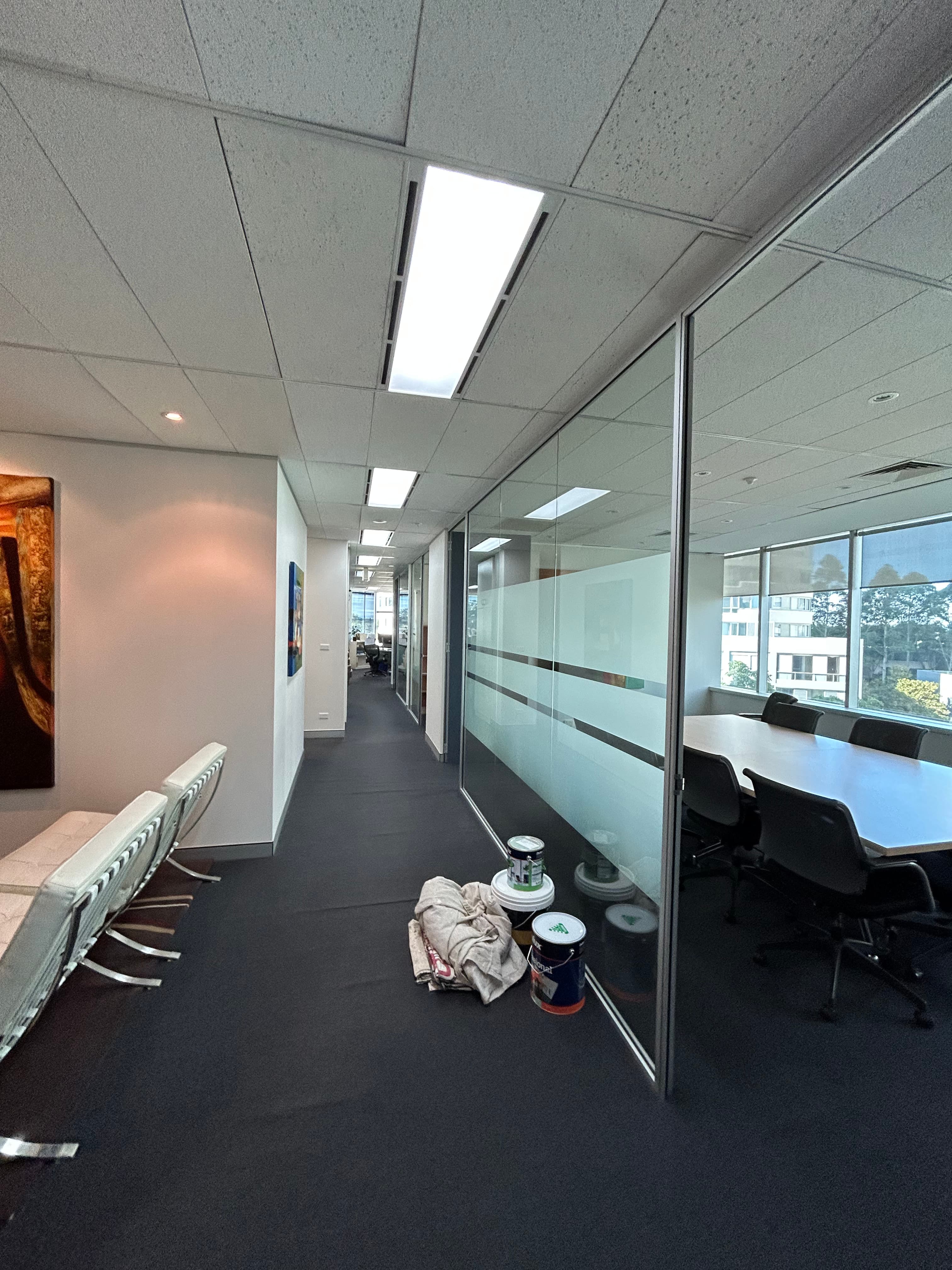 Chatswood office glass corridor and boardroom entry after repainting