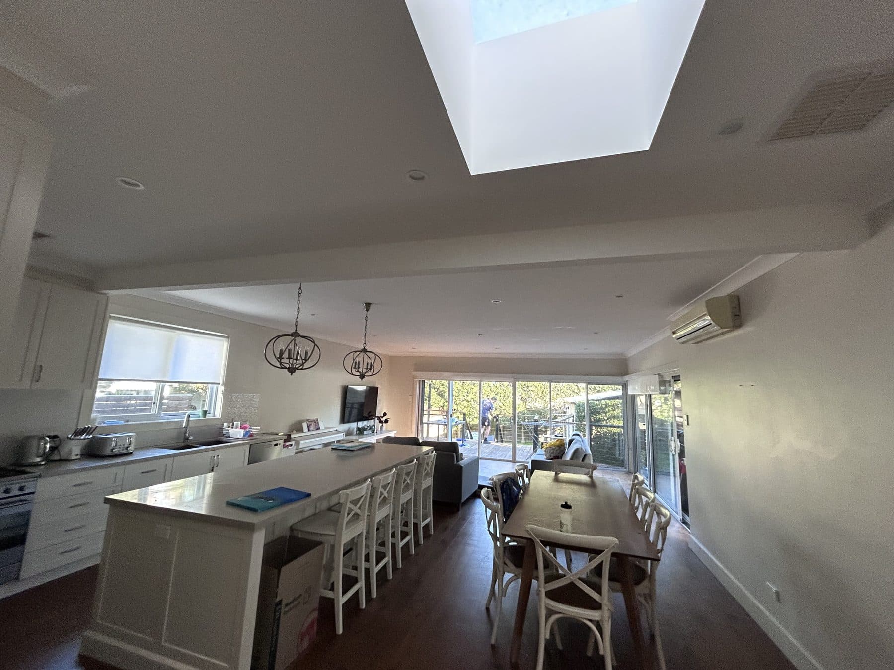 Willoughby open-plan interior with restored and freshly painted ceilings