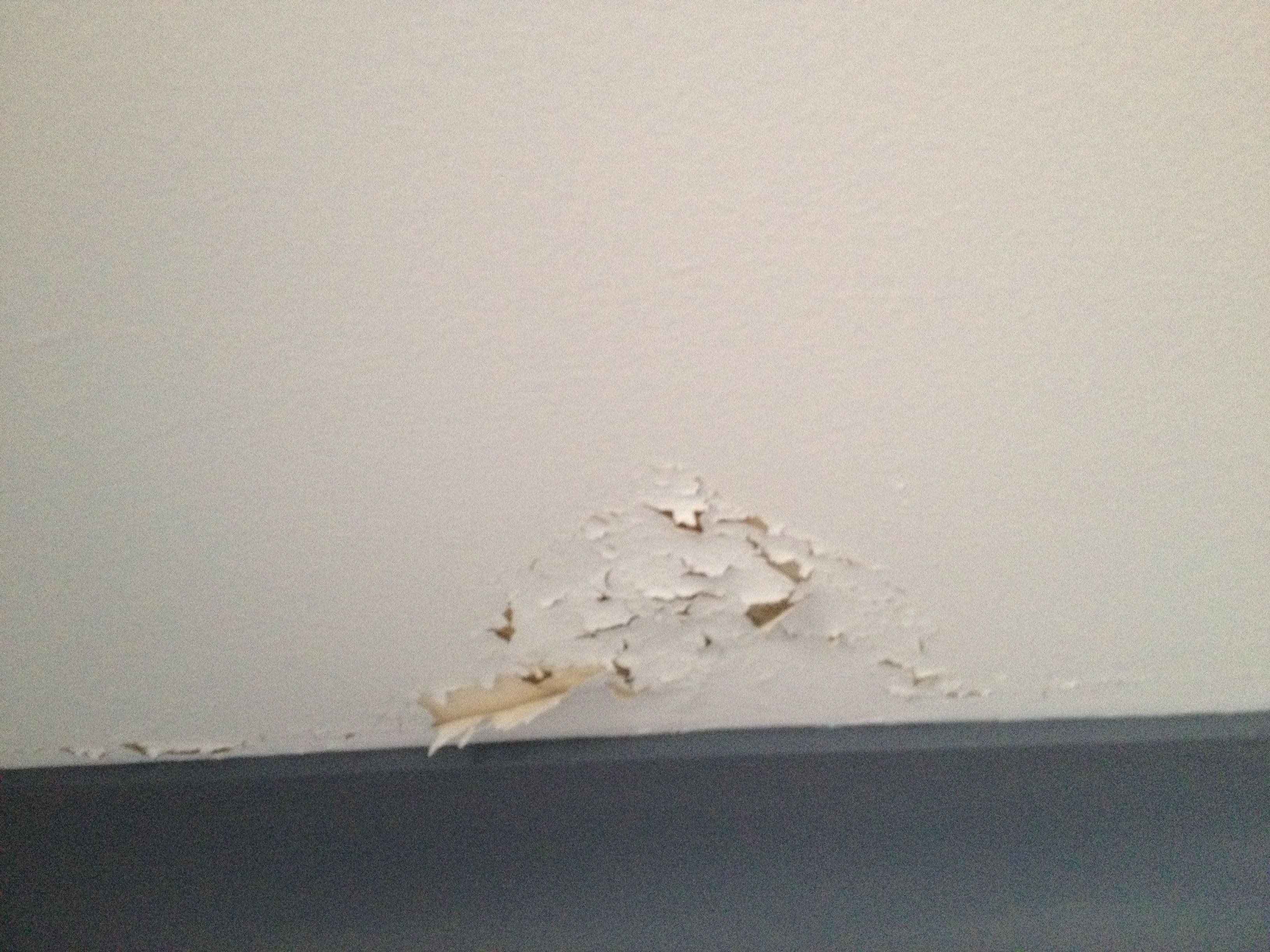 Bathroom ceiling with peeling paint and moisture damage before restoration